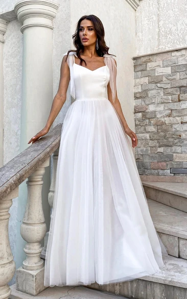 Simple and Cute Satin V-Neck Wedding Dress with Spaghetti Straps