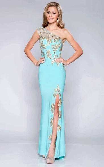 Column Prom Dress with Beaded Appliques One-Shoulder Side Slit Elegant