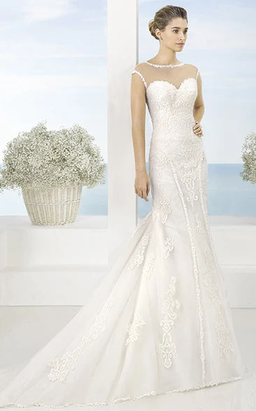 Sheath Cap-Sleeve Bateau Wedding Dress with Appliques and Court Train