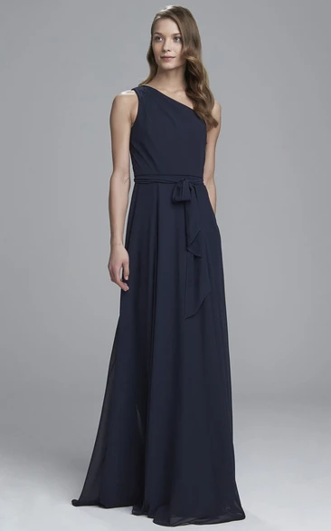 A-Line One-Shoulder Chiffon Bridesmaid Dress with Bowed Design and Sleeveless Cut