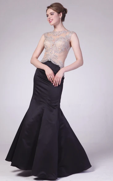 Trumpet Sleeveless Satin Illusion Dress with Jewel Neckline and Beading