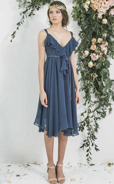 Empire V-Neck Chiffon Bridesmaid Dress Tea-Length Draped Sleeveless