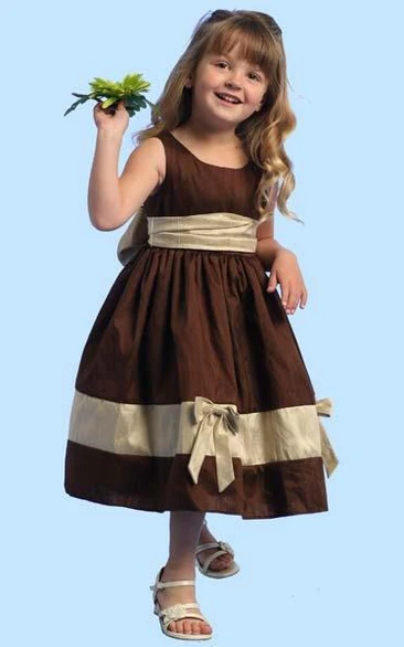 Sleeveless Satin Bowed Flower Girl Dress Tea-Length Bridesmaid Dress