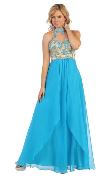 Sleeveless A-Line Chiffon Formal Dress with Keyhole and Appliques