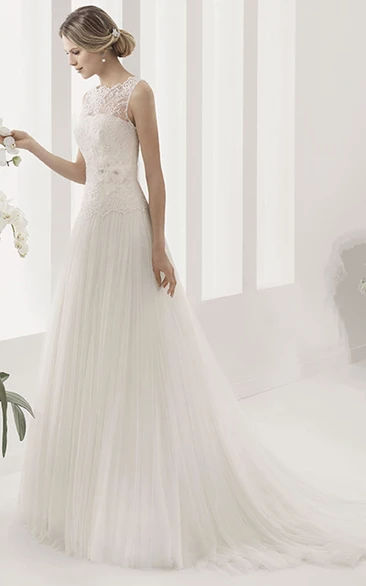 Lace Bodice Tulle Ball Gown with Scalloped Neckline