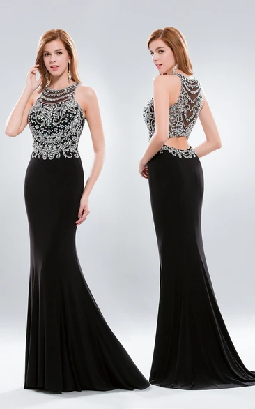 Sleeveless Scoop-Neck Sheath Jersey Formal Dress with Illusion and Beading