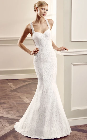 Halter Lace Wedding Dress with Brush Train Floor-Length