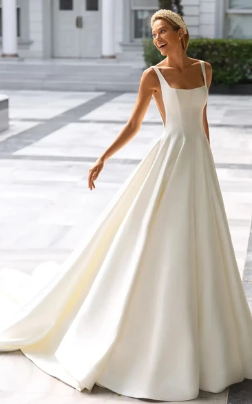 Square Neck Satin A Line Wedding Dress with Court Train Modern & Sophisticated