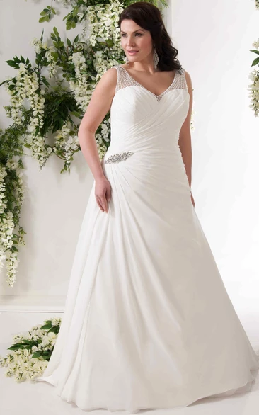 Chiffon A-Line Plus Size Wedding Dress with Beading and Broach V-Neck Draped Sleeveless