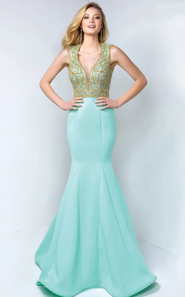 Mermaid Satin Formal Dress with V-Neck and Beading