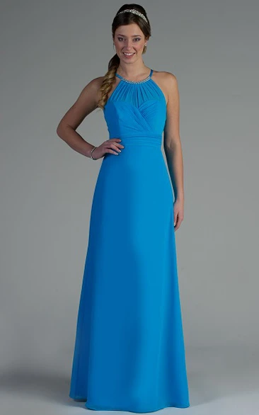 Long Chiffon Bridesmaid Dress with Back Keyhole Crystal High Neck A-Line