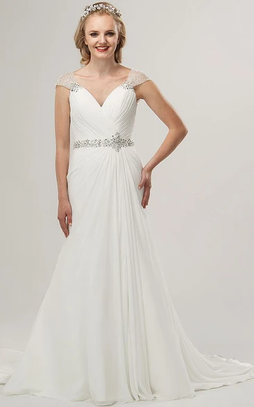 Chiffon V-Neck Wedding Dress with Beaded Cap-Sleeves and Criss Cross Unique Style