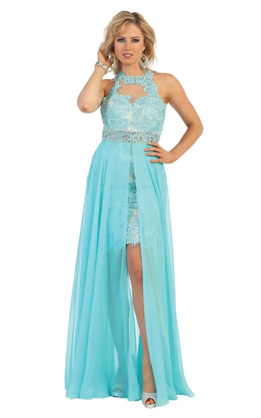 Chiffon Lace Illusion A-Line Formal Dress with Split Front and Waist Jewelry