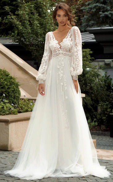 Bohemian Lace V-neck Wedding Dress with A-Line Silhouette and Zipper Back Flowy and Classy