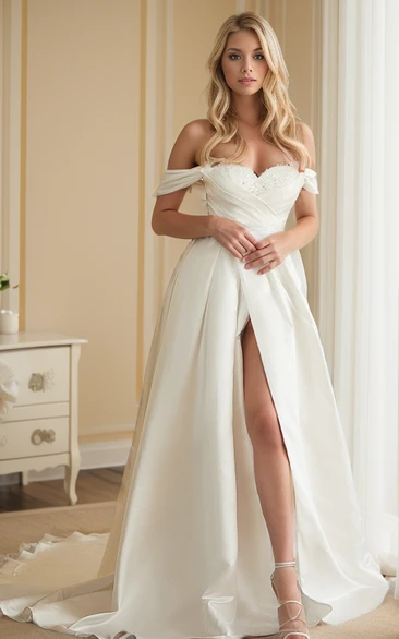 Sexy Elegant A-Line Off-the-Shoulder Ruched Wedding Dress Classic Unique Sequins Sweetheart Neckline Split Front Bridal Gown