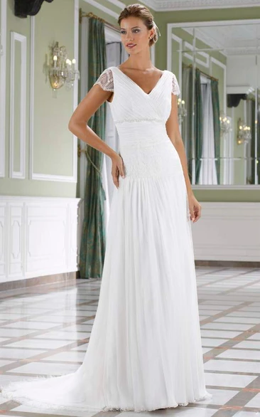 Chiffon Cap-Sleeve Wedding Dress with Beading and V-Back Long V-Neck