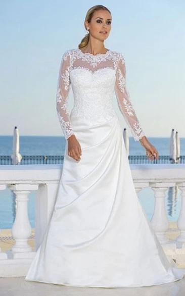 Scoop-Neck Long-Sleeve Wedding Dress Draped Satin Illusion Appliques Modern Maxi Gown