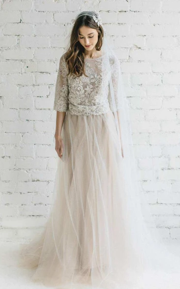 A-Line Tulle Dress with Low-V Back Bateau Half Sleeve Lace Romantic