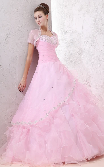 Organza Ball Gown Prom Dress with Beaded Top and Ruffles Sweetheart Sleeveless