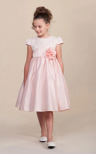 Cap-Sleeve Tiered Lace & Satin Tea-Length Flower Girl Dress Boho Flower Girl Dress