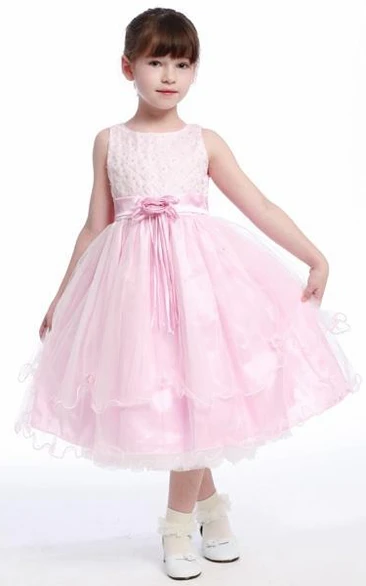 Lace Tea-Length Flower Girl Dress with Beaded Details