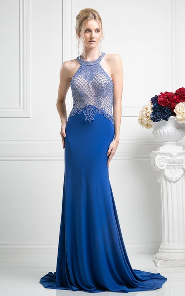 Jewel-Neck Sleeveless Sheath Prom Dress with Beading Details