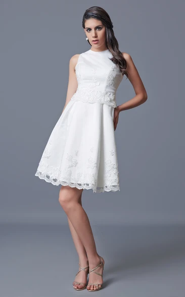 Short Satin Formal Dress with Jewel Neckline and Appliques Classy and Simple