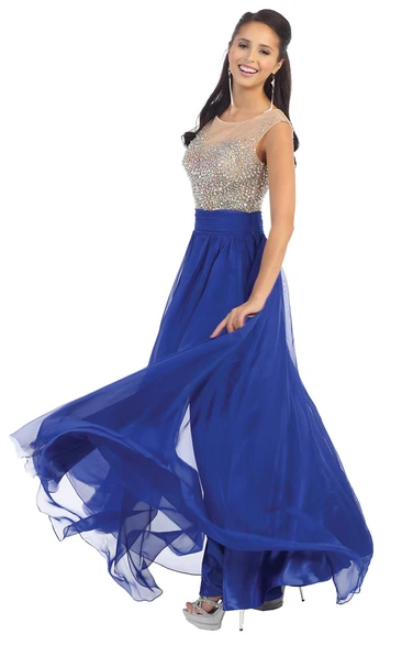 Chiffon Illusion A-Line Formal Dress with Beading and Pleats