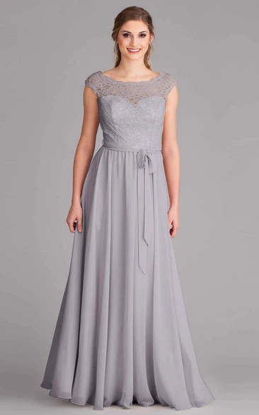 Lace Sleeveless Chiffon Bridesmaid Dress with Bow and Low-V Back Unique Prom Dress