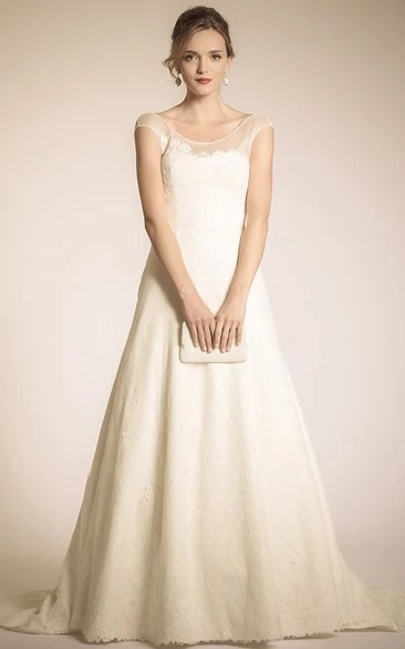 Appliqued Maxi A-Line Wedding Dress Cap-Sleeve Scoop-Neck with Bow