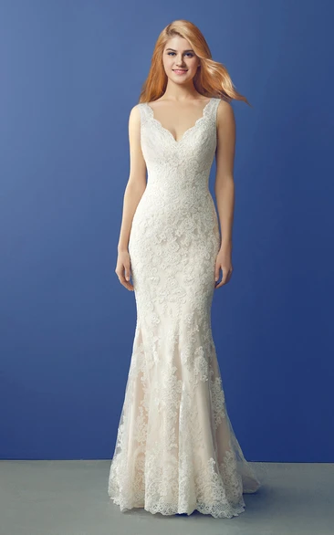 Lace V-Neck Fit and Flare Wedding Dress Elegant Bridal Gown