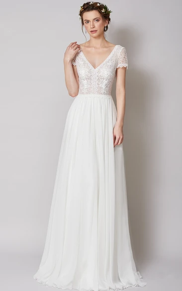 Illusion Sleeve A Line Chiffon Lace Wedding Dress with Ruching and Appliques