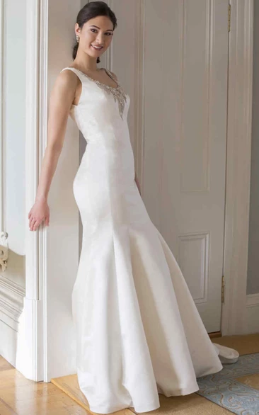 Beaded V-Neck Sleeveless Satin Wedding Dress Sheath Style