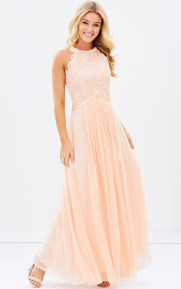 Chiffon Appliqued Bridesmaid Dress with Scoop Neck and Ribbon Sleeveless