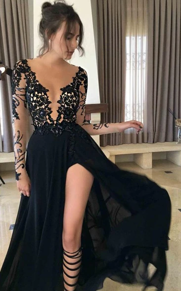Modern Lace Chiffon Evening Dress with Split Front Sleeves