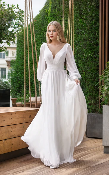 A-line Chiffon Split Long Sleeve Ethereal Deep-V Vintage Tied Back Long Dress