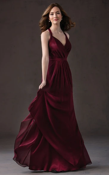 Long V-Neck Pleated Gown with Keyhole Bridesmaid Dress