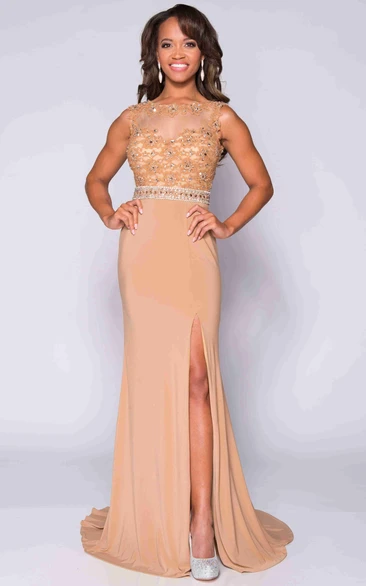 Beaded Lace Sleeveless Prom Dress Jersey Material with Side Slit