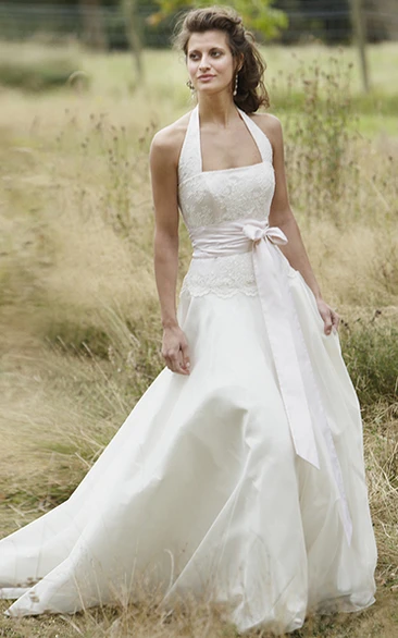 Halter Chiffon Wedding Dress with Sweep Train Maxi Appliqued Flowy