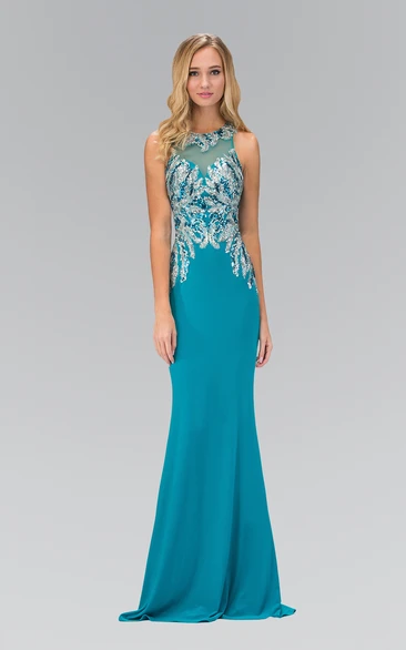 Sparkling Sheath Jersey Dress with Jewel Neck Sequins and Beading