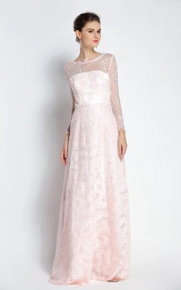 Bateau Scalloped Lace A-Line Prom Dress with Beading and Pockets Long Sleeve