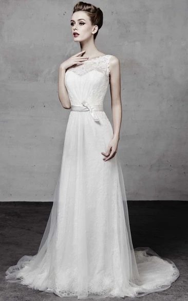 Bateau Tulle&Lace Wedding Dress with Bow A-Line Sleeveless Appliqued