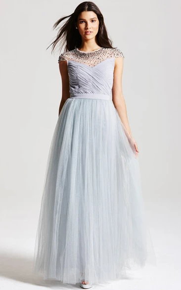 Cap Sleeve Tulle Bridesmaid Dress with Bow and Keyhole Elegant Criss-Cross Scoop Neck
