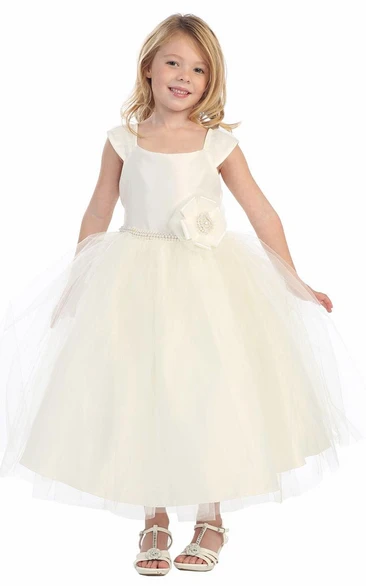 Tiered Cap-Sleeve Tea-Length Flower Girl Dress