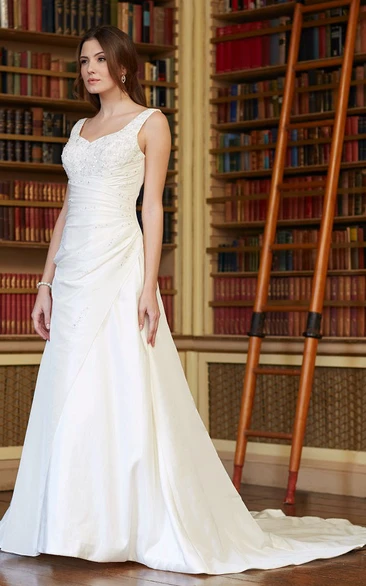 Satin Wedding Dress with Low-V Back and Side Draping A-Line Beaded Sleeveless