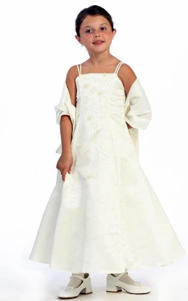 Floral Ankle-Length Beaded Flower Girl Dress with Straps Unique Wedding Dress