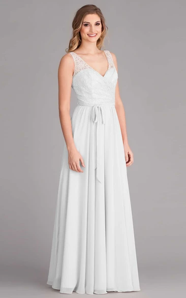 Sleeveless V-Neck Sheath Chiffon Wedding Dress with Lace Detail