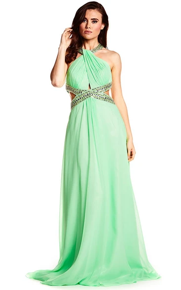 Halter Beaded Chiffon Prom Dress with Brush Train Sleeveless