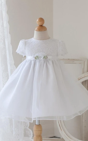 Lace and Organza Tea-Length Floral Girl Dress with Ribbon