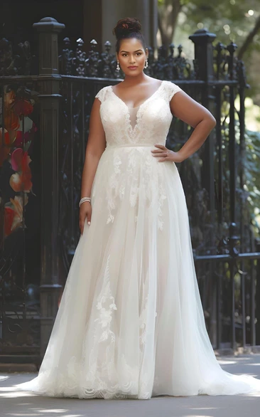 A-Line Plus Size Chiffon and Lace Wedding Dress 2024 Romantic Sweep Train